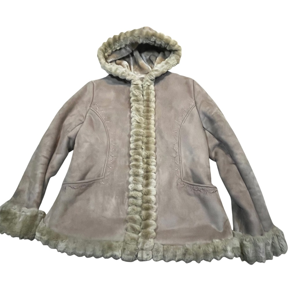 Croft & Barrow Womens Tan Faux Suede Fur Lined Hooded Jacket Coat Medium Boho